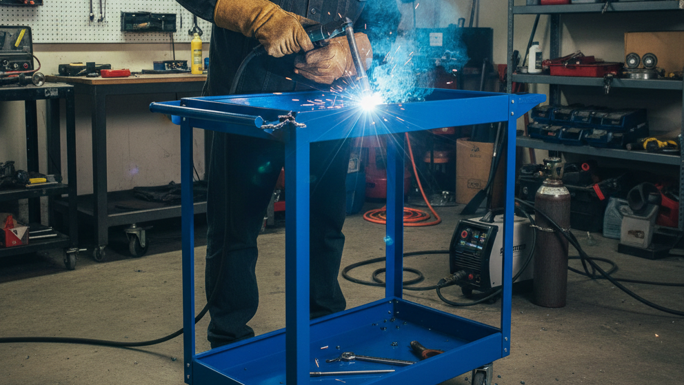 a man welding the utility cart handle to fix the broken bar in the garage