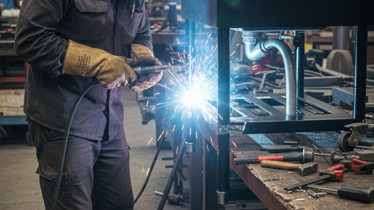a man welding the utility's leg in the working shop to fix the broken shelf