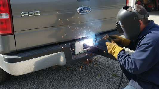 a man welding the vise mount plate to fix the broken part