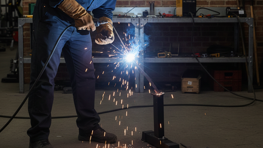 a man welding the weight lifting benck in the work shop to fix the leg of the bench