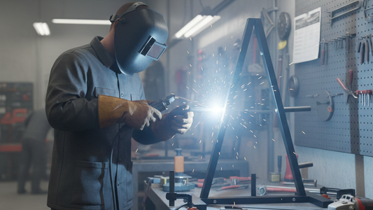 a man welding the weight plate to fix the arm of the weight plate tree in the working shop