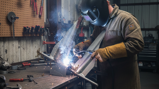 a man welding to fix the broken boat anchor in the work shop