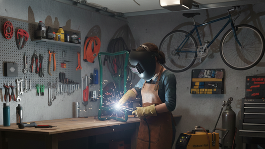 a women fixing the garden kneeler by welding in the garage