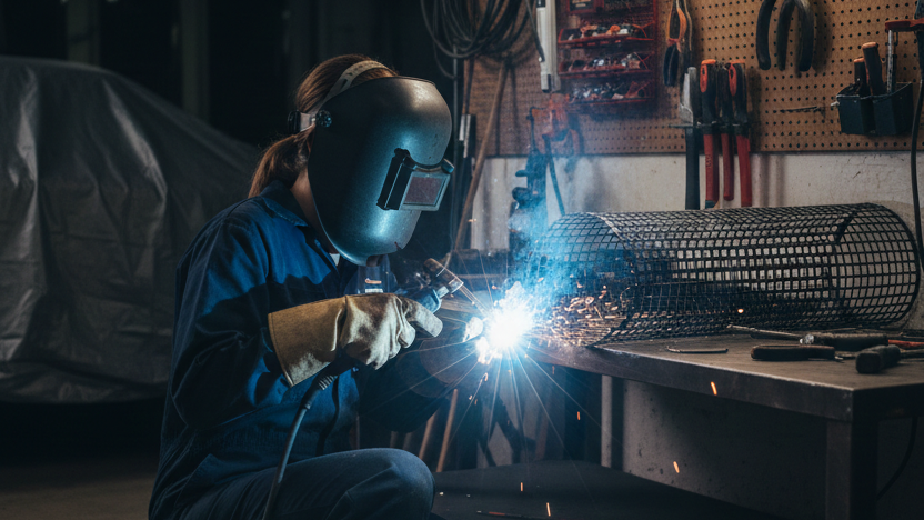 a women welding the tree guard mesh in the garage to fix the mesh