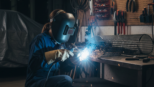 a women welding the tree guard mesh in the garage to fix the mesh