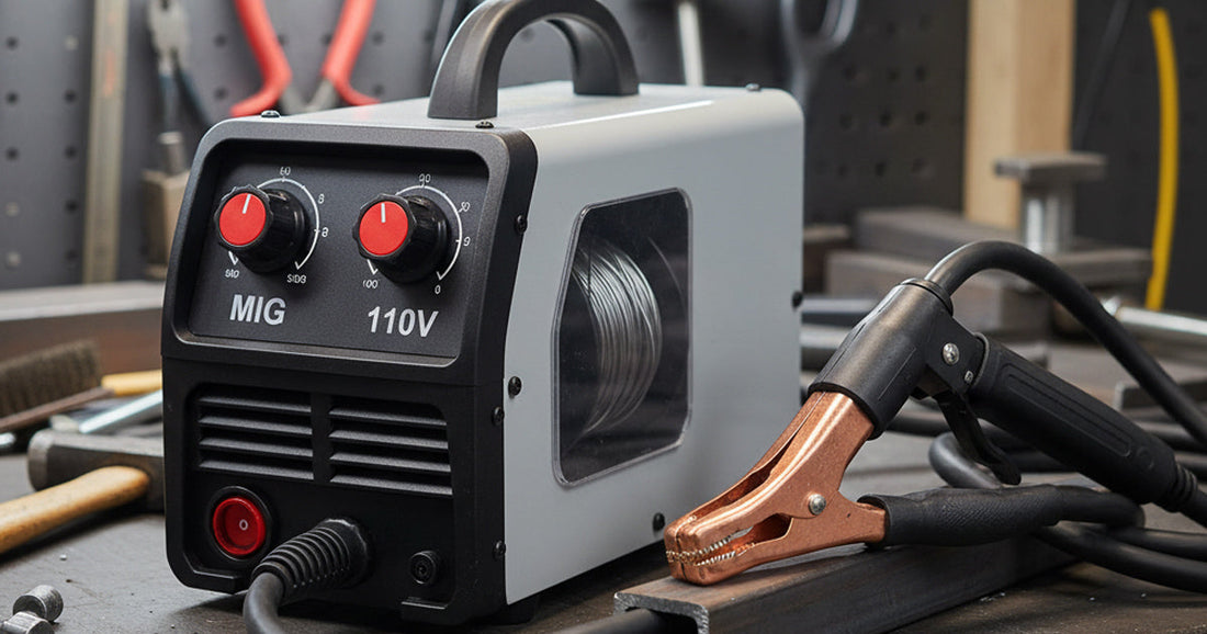 Close-up of a compact 110-volt MIG welder with wire feed, showing the welding gun, grounded clamp, and spool of wire, ready for use in a home workshop.