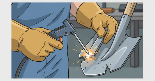 a person welding and repairing a cracked lawnmower frame