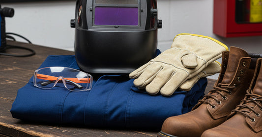 Essential welding safety equipment laid out: helmet, gloves, jacket, safety glasses, and steel-toed boots, ready for use.