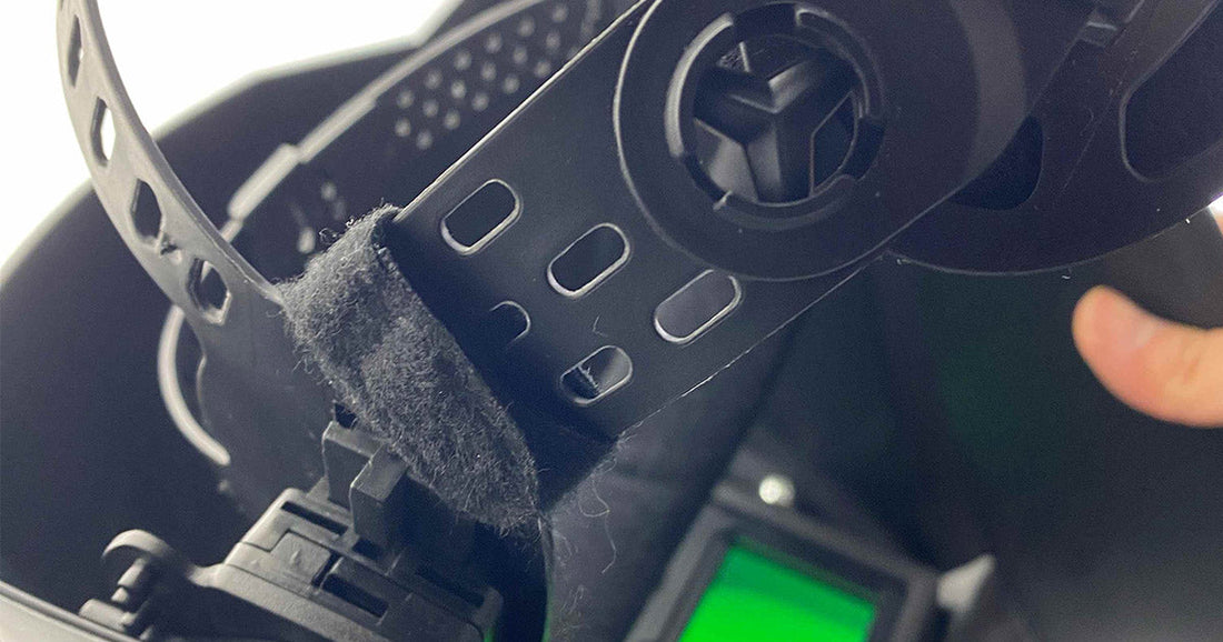 close up to a headgear of the welding helmet