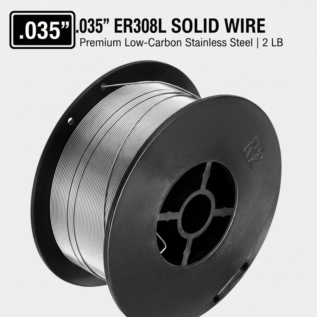 .035 inch ER308L solid stainless steel MIG welding wire on 2lb spool; premium low carbon alloy