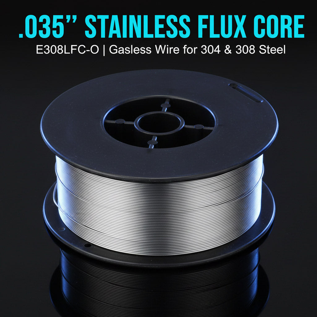 035 inch stainless steel flux core MIG welding wire E308LFC-O on black spool; gasless welding wire for 304 stainless