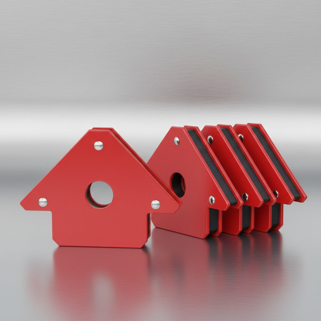 4-pack of red 50lb welding magnets arranged on white background, text reads Powerful 50 LB Hold Value 4-Pack Set.