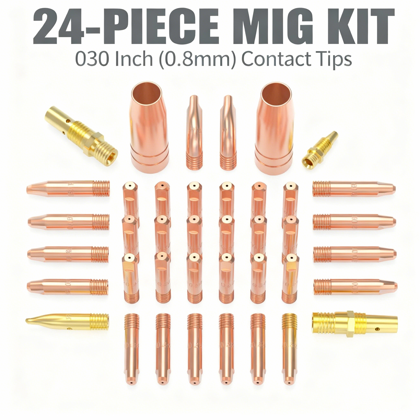 24-Piece MIG welding consumable kit with .030 contact tips and copper nozzles.