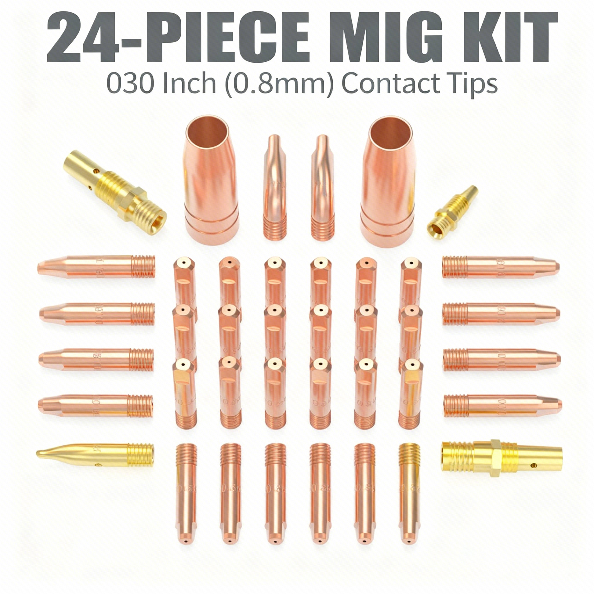 24-Piece MIG welding consumable kit with .030 contact tips and copper nozzles.