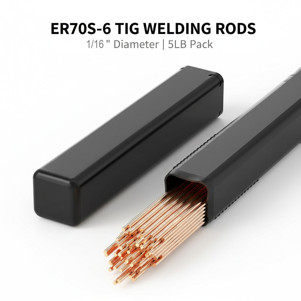 5lb box of ER70S-6 1-16 TIG welding rods in black storage case on white background.