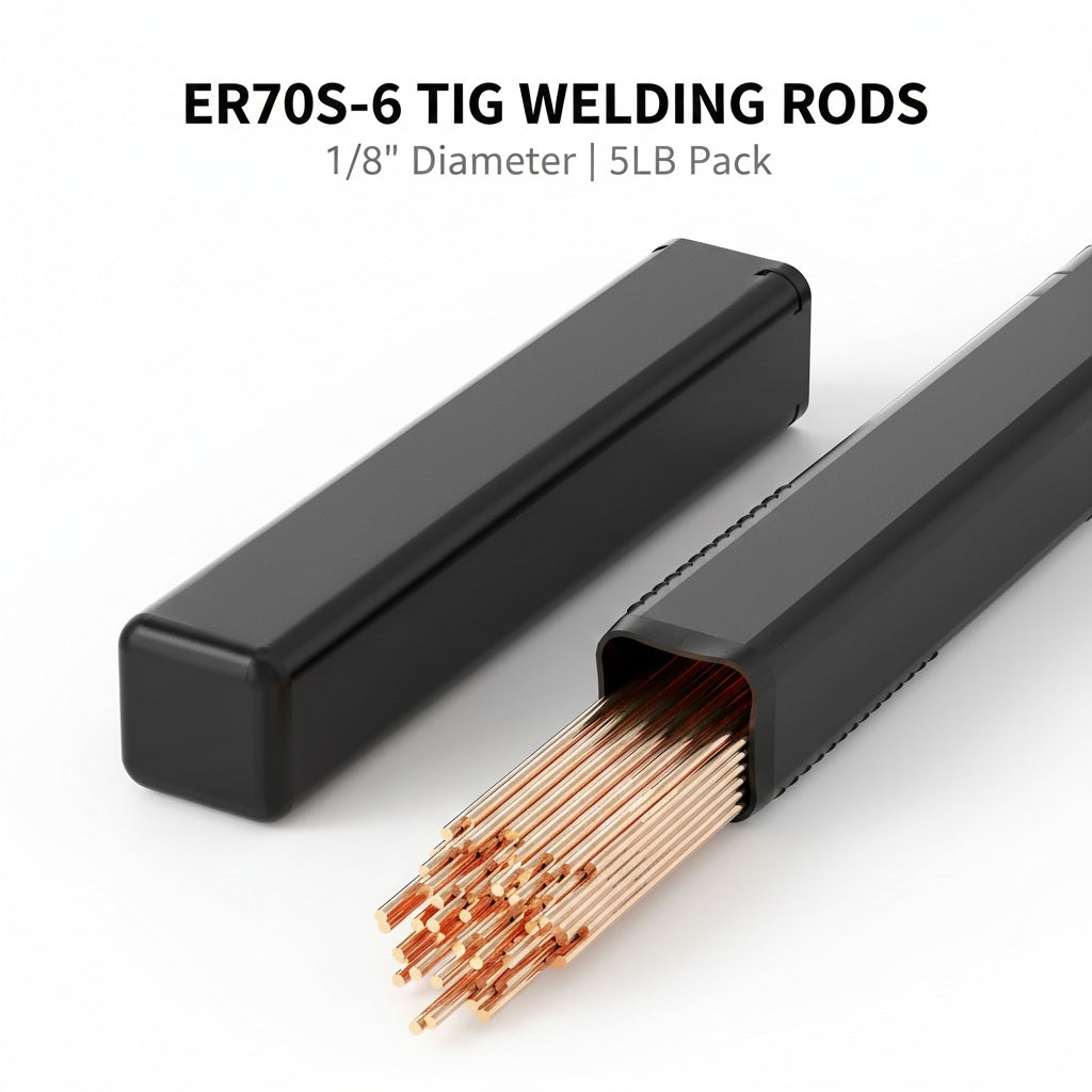 5lb box of ER70S-6 TIG welding rods in black storage case on white background.