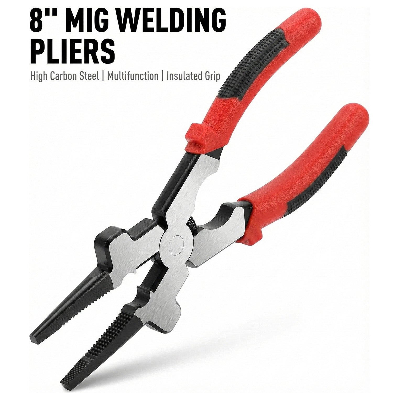8-inch MIG welding pliers with red insulated handles on white background