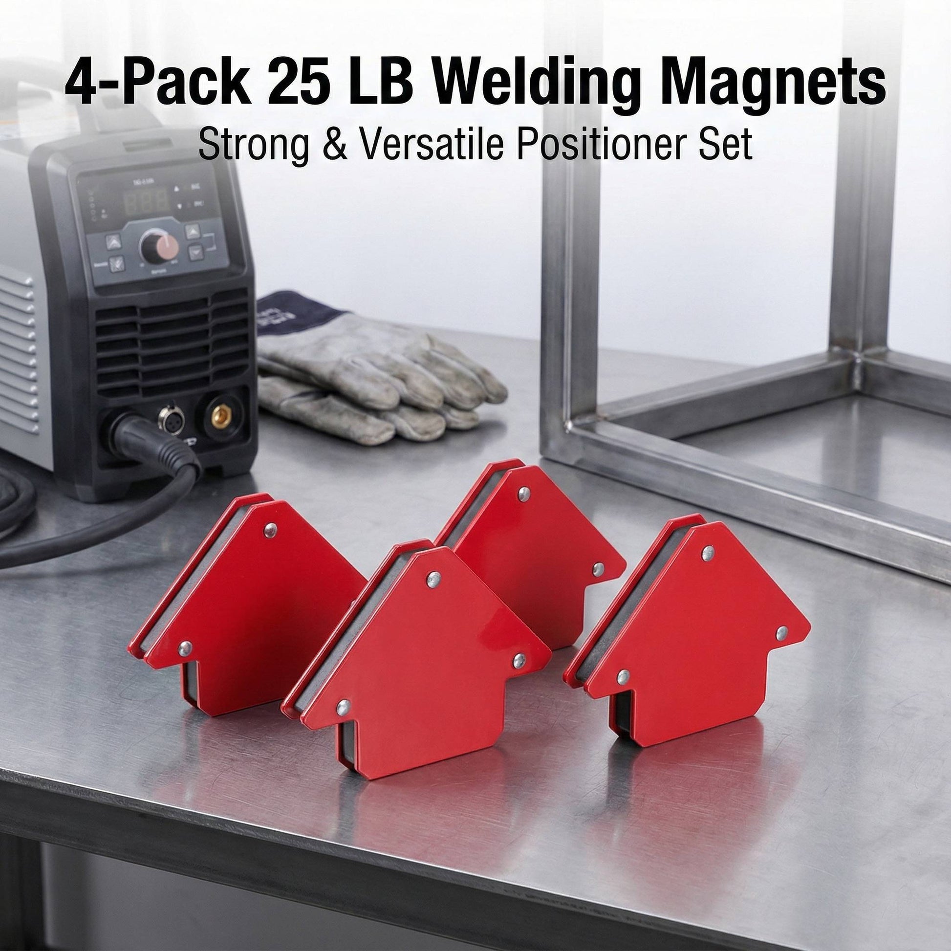 4-pack of red 25 lb arrow welding magnets arranged on a metal workbench next to a TIG welding machine and gloves.
