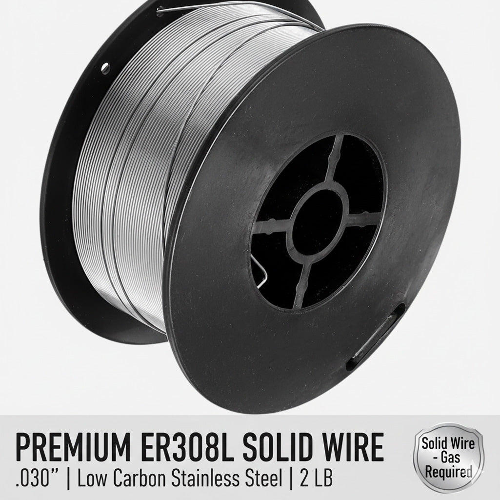 ER308L stainless steel solid MIG welding wire on 2lb spool; low carbon .030 inch wire for corrosion resistance