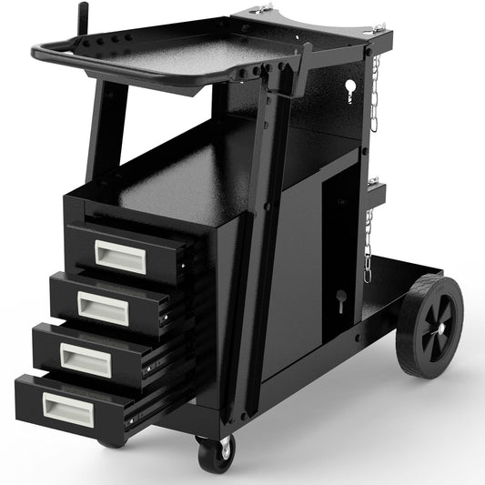 Heavy-duty black steel welding cart with 4-drawer storage cabinet, top shelf for welders, and rear gas cylinder rack.