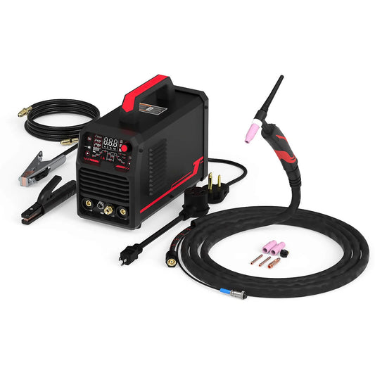 Multi-process dual voltage 110V220V TIGStick welder with included TIG torch, electrode holder, ground clamp, power adapter, and consumables.