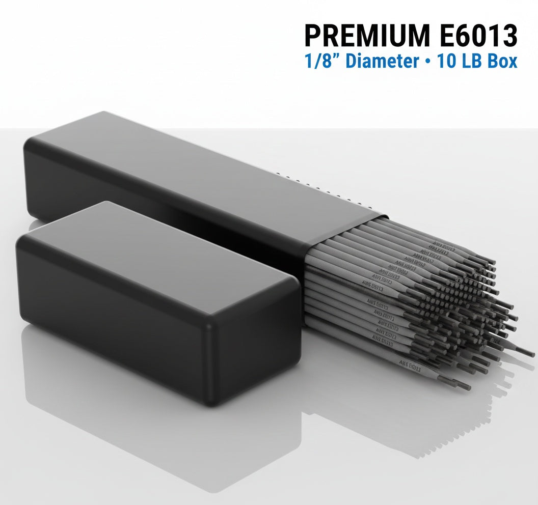 Open 10lb box of E6013 18 inch stick welding electrodes on white background.