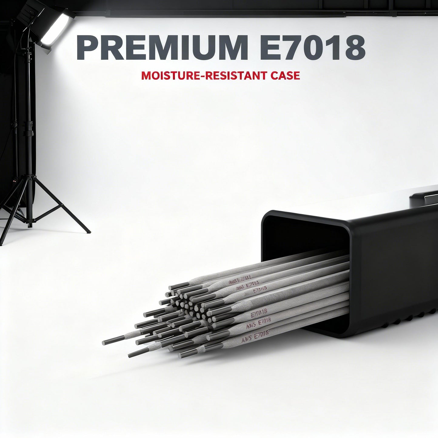 Open storage case of E7018 welding rods showing grey flux coated electrodes, text reads Premium E7018 Moisture-Resistant Case.
