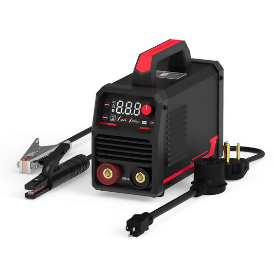 Portable dual voltage 110V220V IGBT inverter welder machine with digital display, including electrode holder and ground clamp accessories.