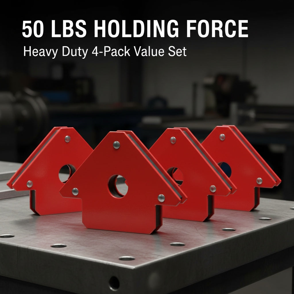 Set of four heavy-duty red welding magnets 50 lb capacity arranged on a metal workbench.