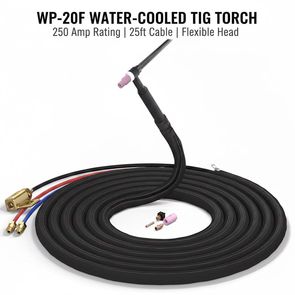 WP-20F water-cooled TIG welding torch with 25ft cable and red blue hose connections