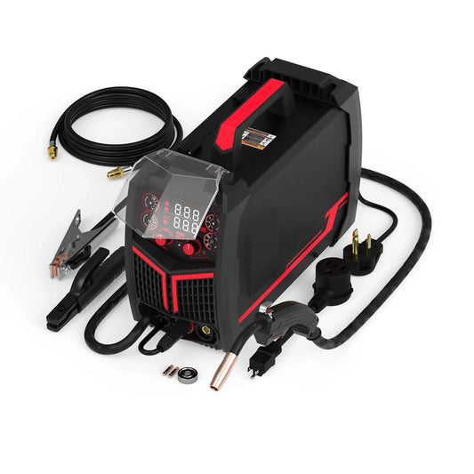 multi-process welder kit including MIG gun, electrode holder, ground clamp, and gas hose with black and red design.