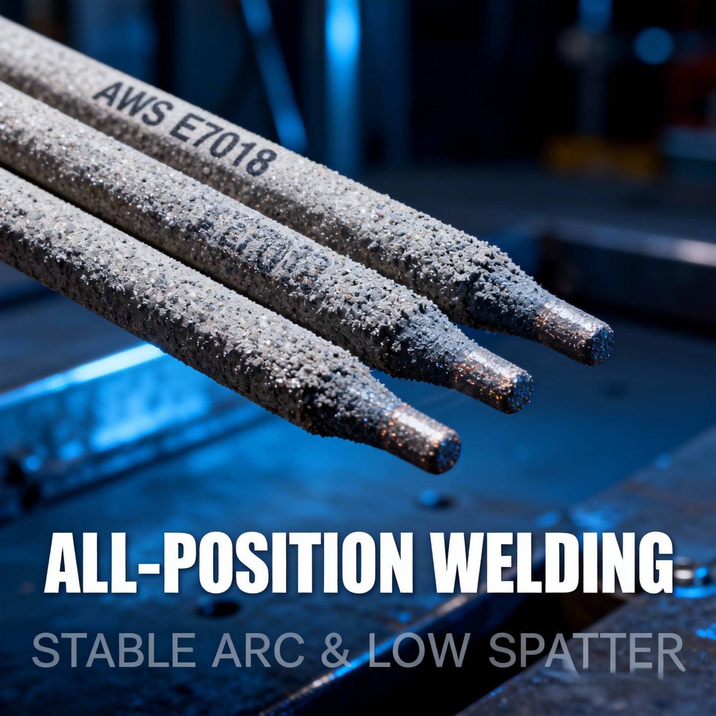 Close up macro view of E7018 welding electrode tips showing iron powder flux coating and classification stamp, text reads All-Position Welding Stable Arc.