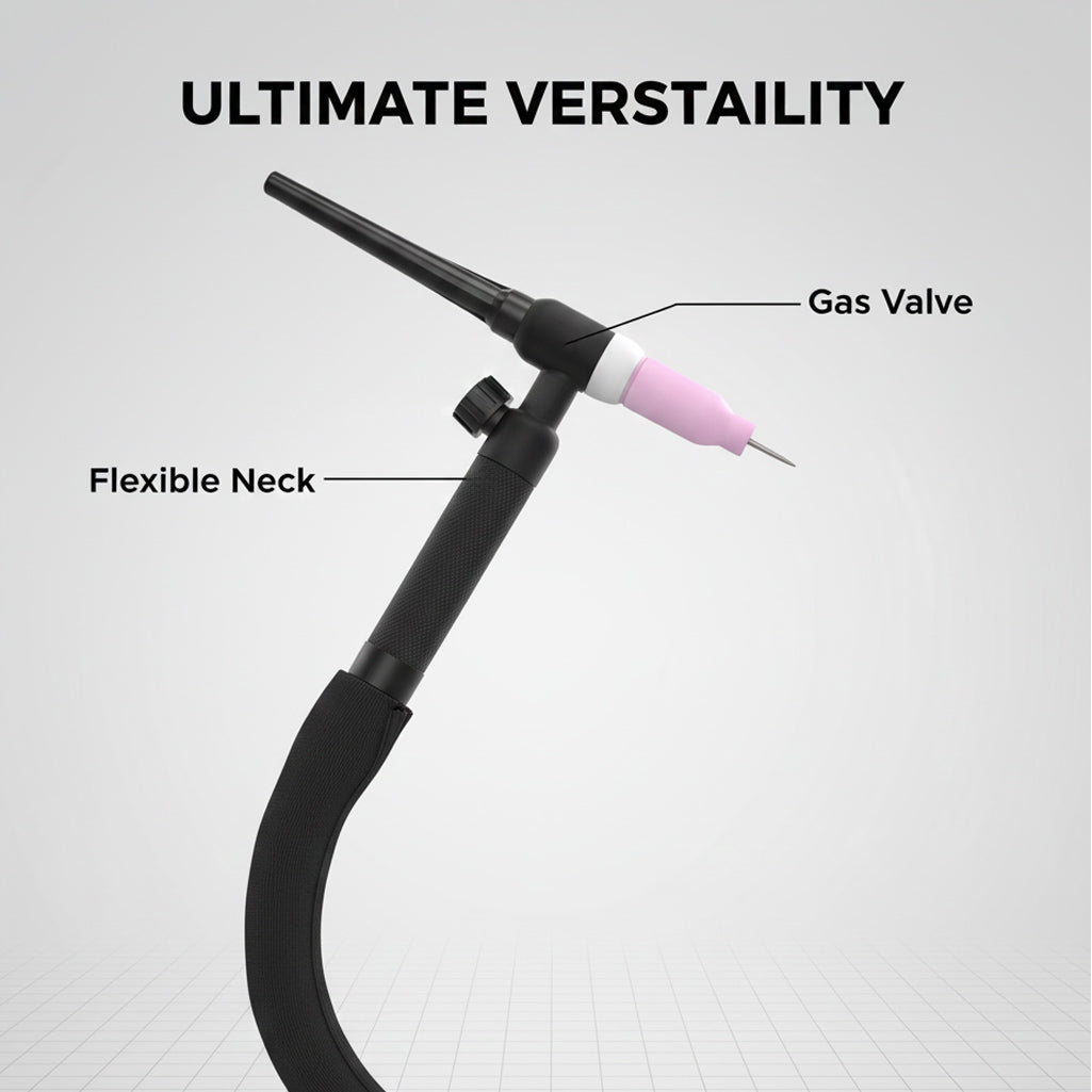 Close up of WP-17FV TIG torch showing flexible neck and gas valve knob