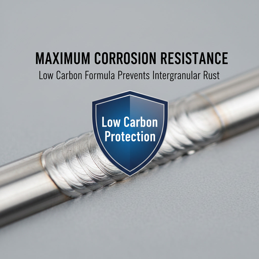 Close up of corrosion resistant stainless steel weld bead; low carbon ER308L wire prevents intergranular carbide precipitation