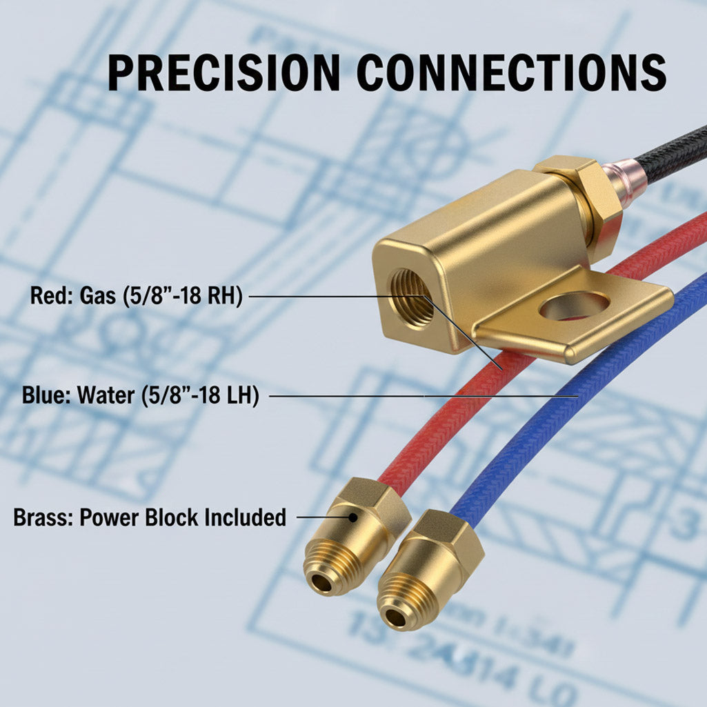 Close up of red gas hose, blue water hose, and power block for WP-20F TIG torch