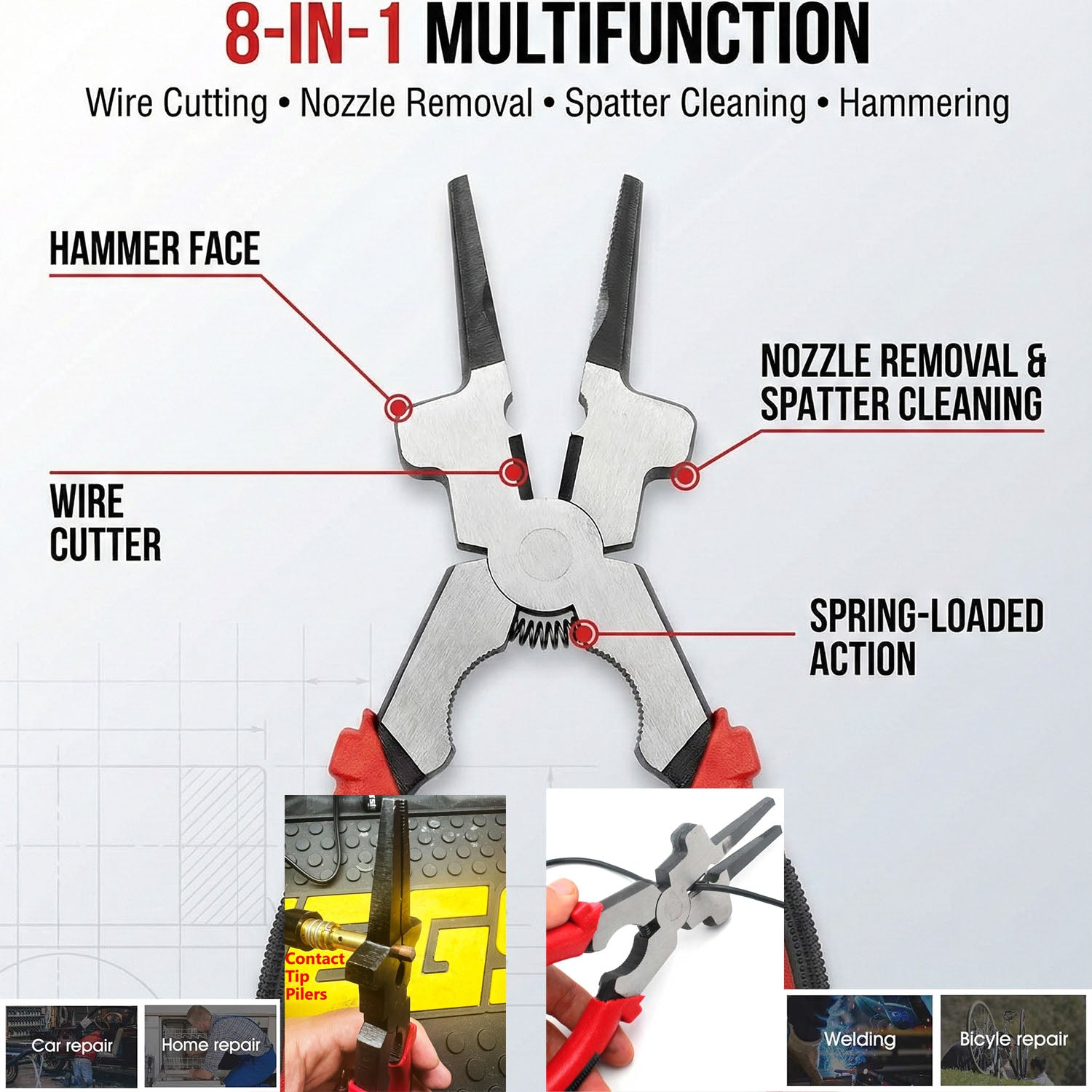 Diagram of multifunction MIG welding pliers showing wire cutter, nozzle remover, and hammer features