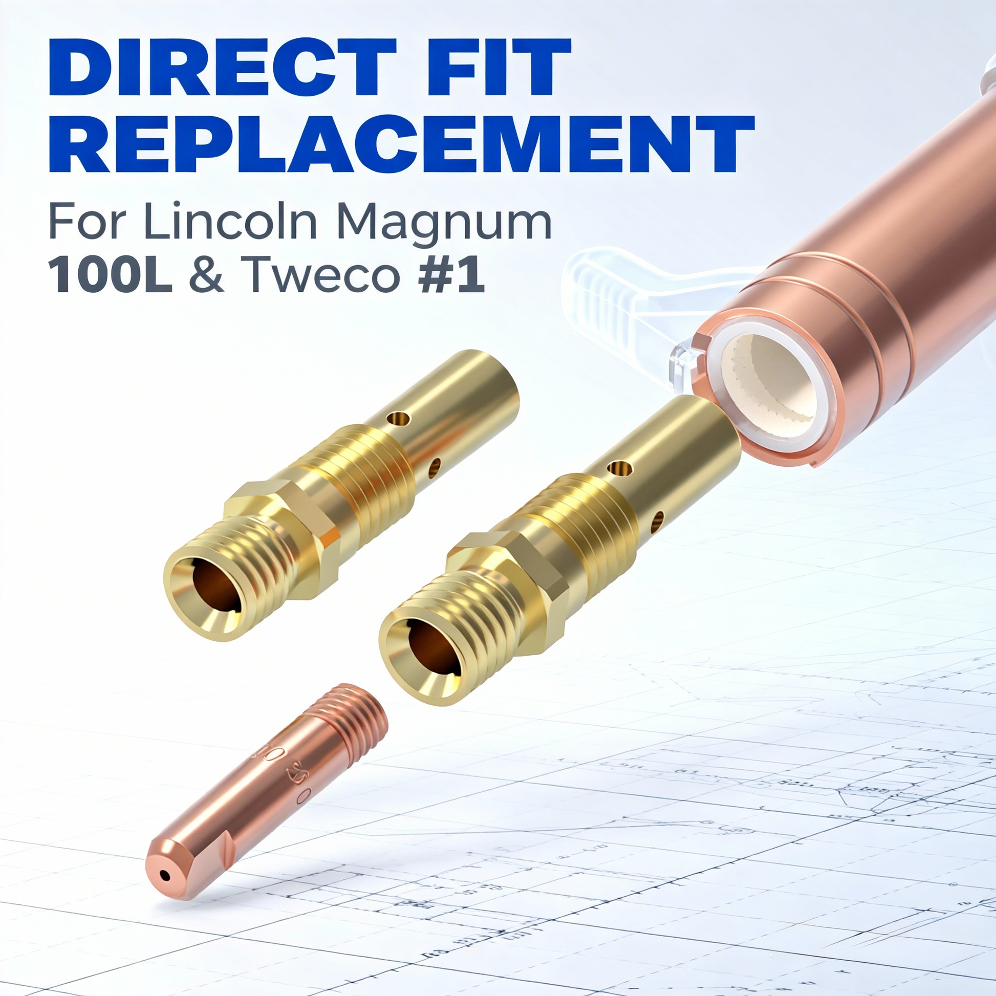Exploded view of MIG torch nozzle assembly showing compatibility with Lincoln Magnum 100L.