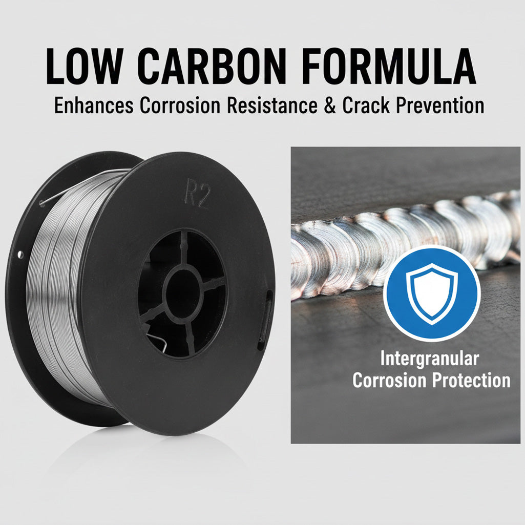 Low carbon stainless steel wire benefits graphic; ER308L corrosion resistance and crack prevention for welding