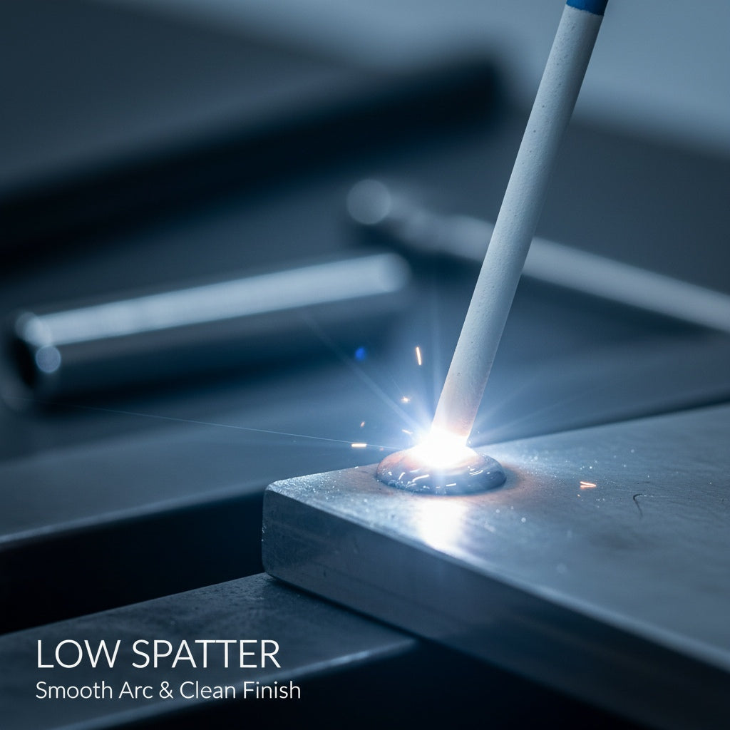 Macro view of E6013 welding rod creating a smooth arc with minimal spatter.