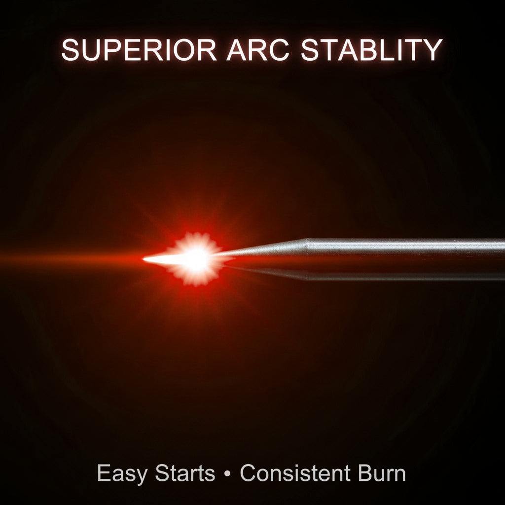 Macro view of red tungsten electrode creating a stable welding arc