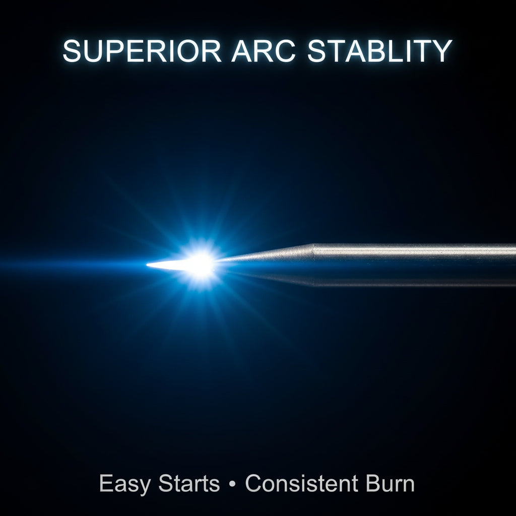 Macro view of blue tungsten electrode creating a stable welding arc