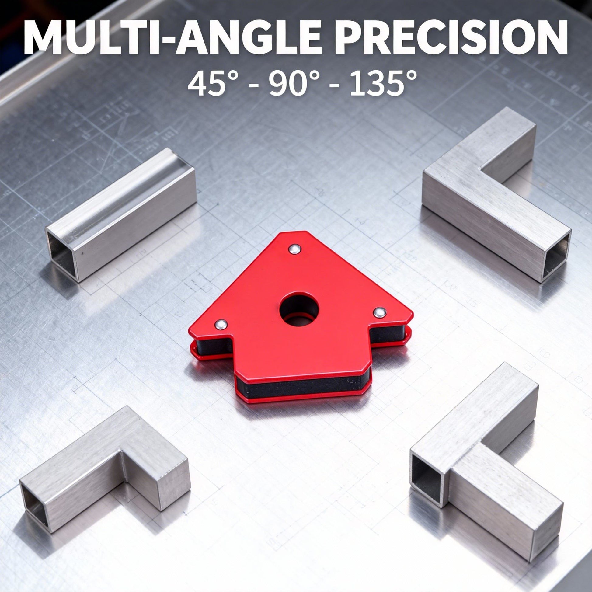 Top down view of red magnetic welding holder demonstrating 45 90 and 135 degree angles with steel tubing, text reads Multi-Angle Precision.
