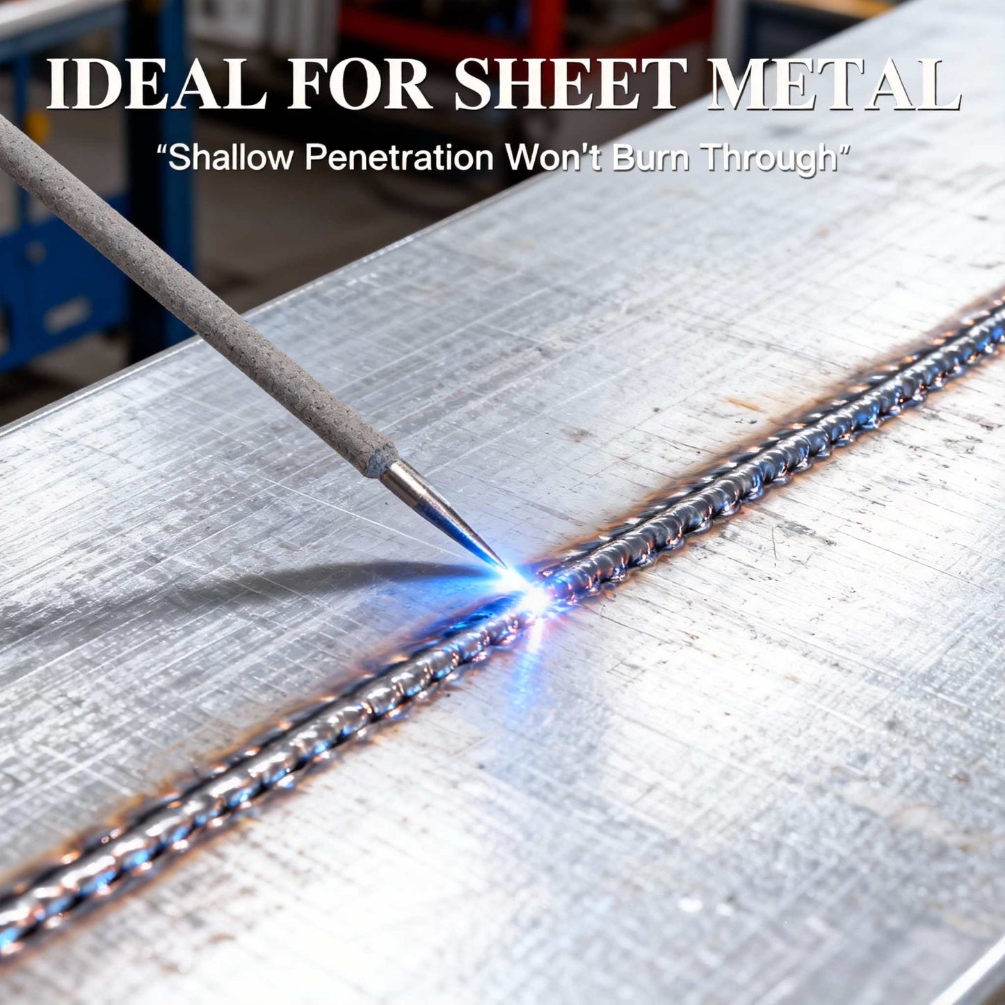 Welder using 332 E6013 rod on thin sheet metal showing shallow penetration.