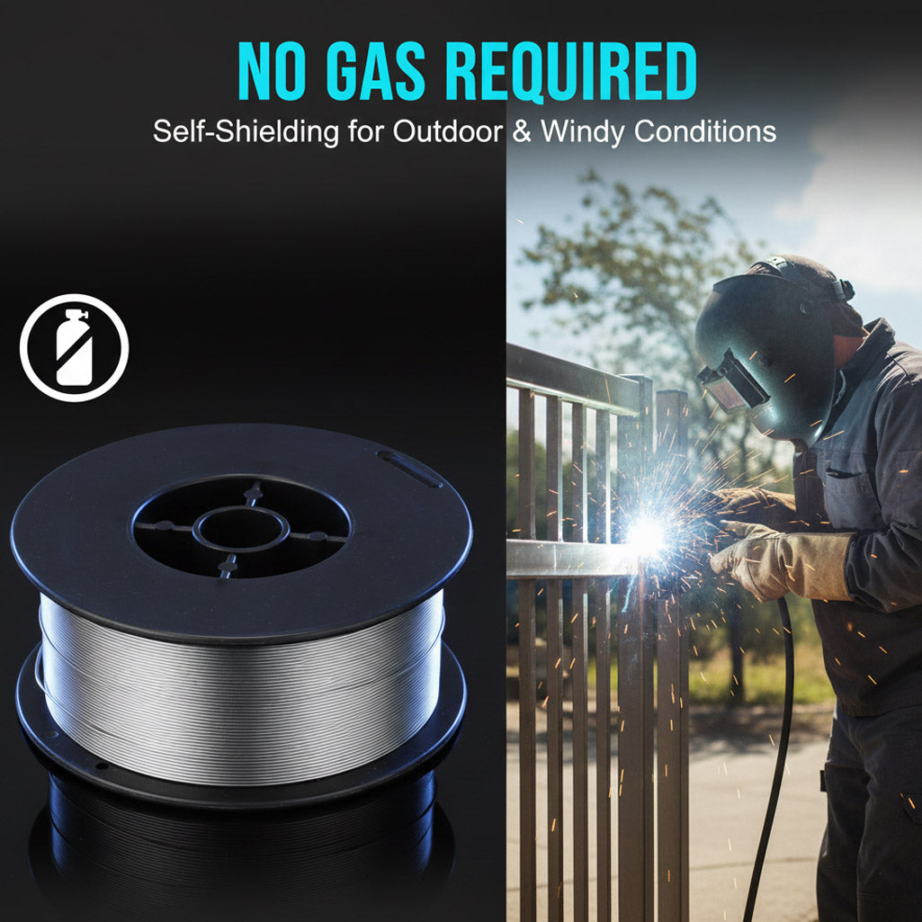 Welder using gasless stainless steel wire outdoors on a gate; self-shielding MIG wire illustration for windy conditions