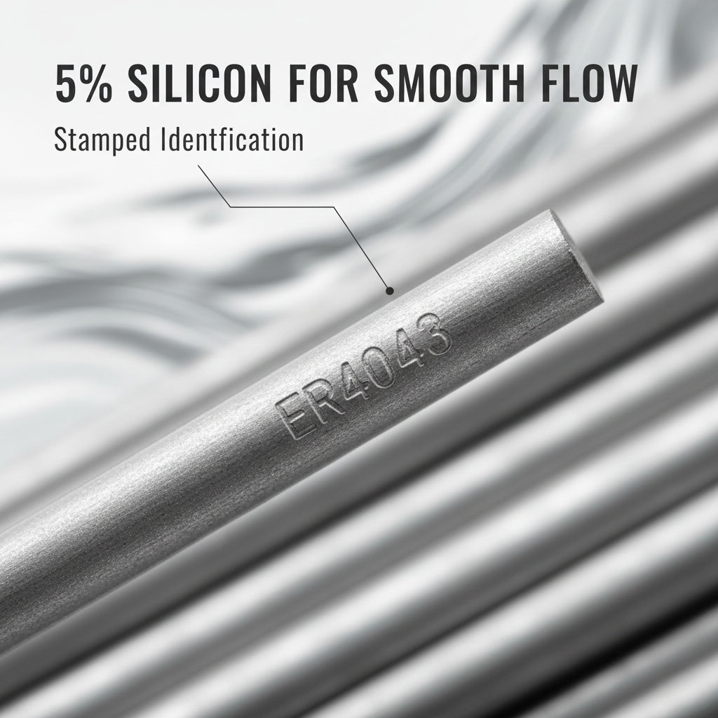 Macro close-up of ER4043 stamp on aluminum TIG welding rod.