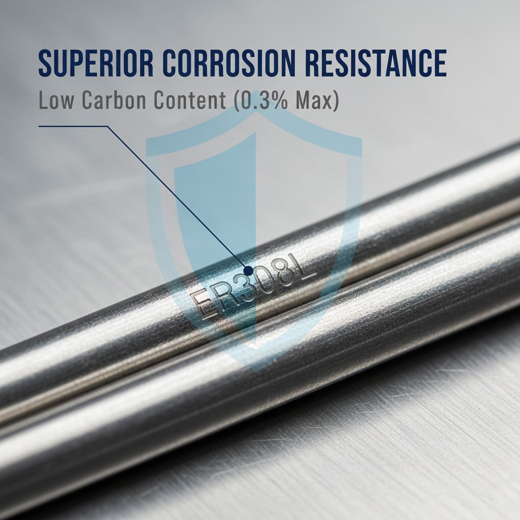 Macro view of ER308L stamp on stainless steel welding rod.