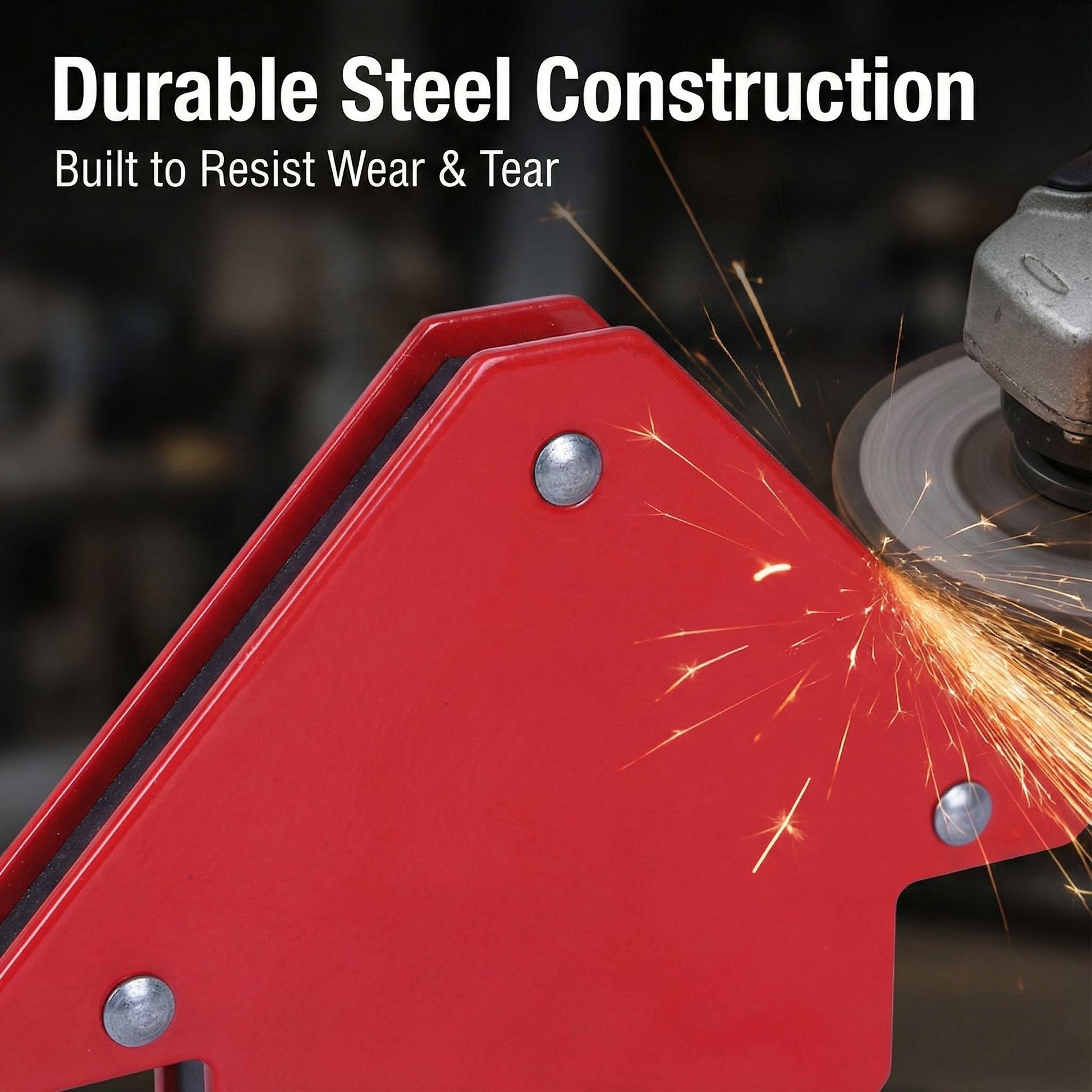 detailed close-up of the rivets and red steel body of an arrow welding magnet, with sparks from a grinder deflecting off its surface.