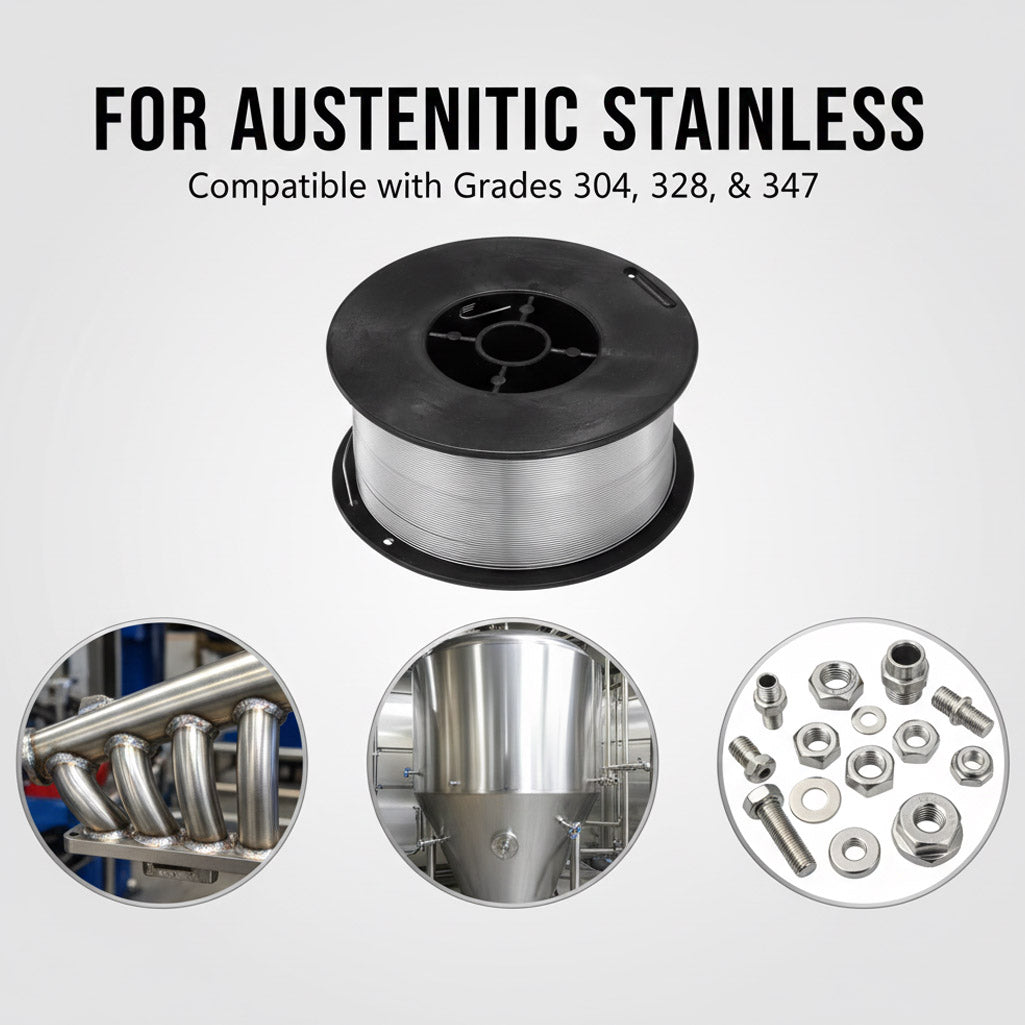 Applications for E308LFC-O welding wire including stainless steel exhaust, brewing tanks, and marine hardware