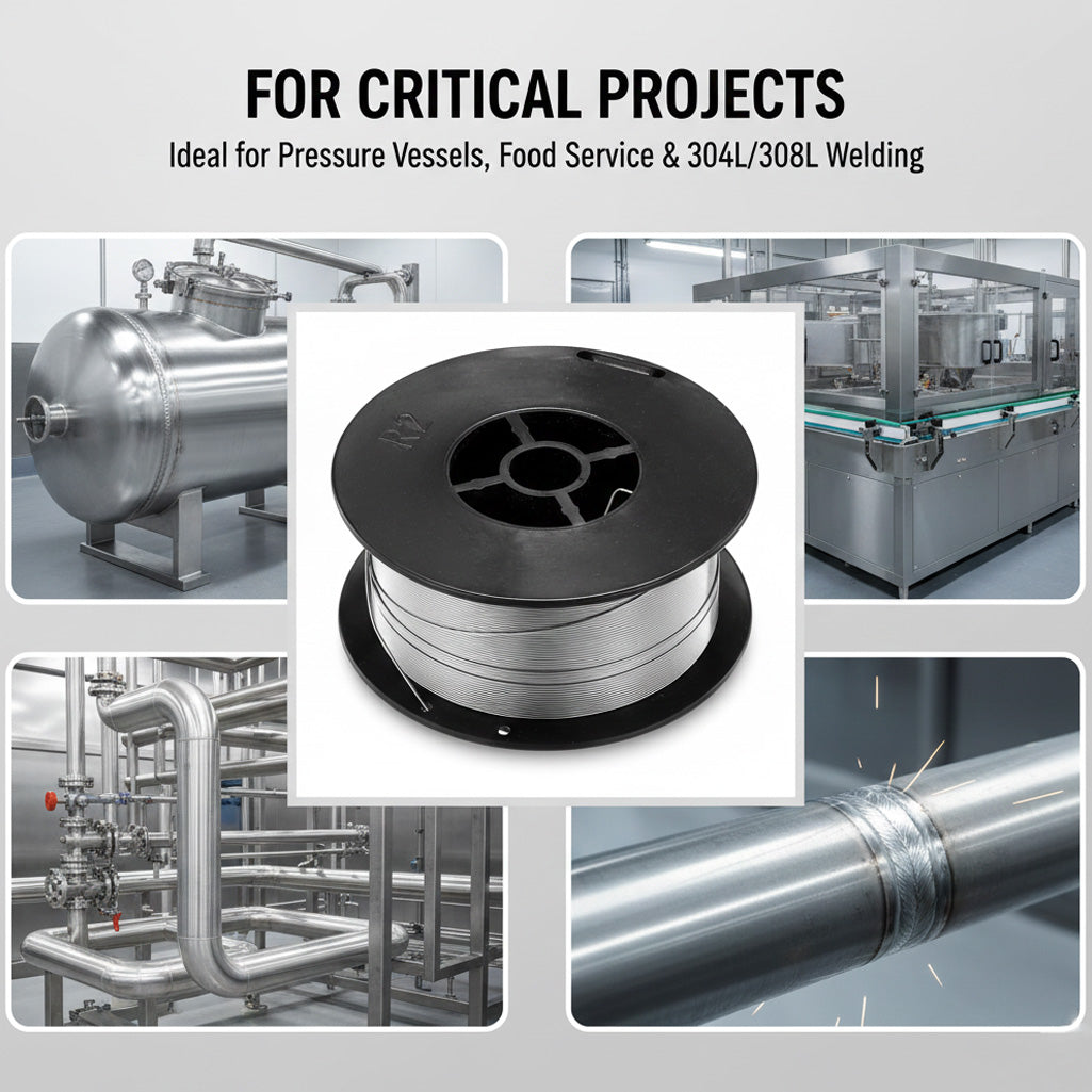 Industrial applications for .035 stainless wire; pressure vessels, food service machinery, and structural 304L stainless welding