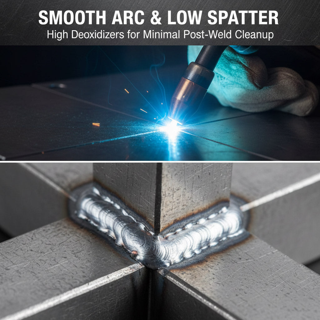 Low spatter welding demonstration; smooth weld bead on mild steel showing effects of high manganese and silicon deoxidizers